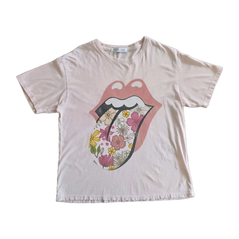 Daydreamer Rolling Stones Flower Tongue Boyfriend Graphic Tee Women's XS Pink